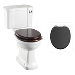 Toalettstol Burlington standard smal cistern 44 cm med soft close-sits och spolknapp i krom, sits matt svart