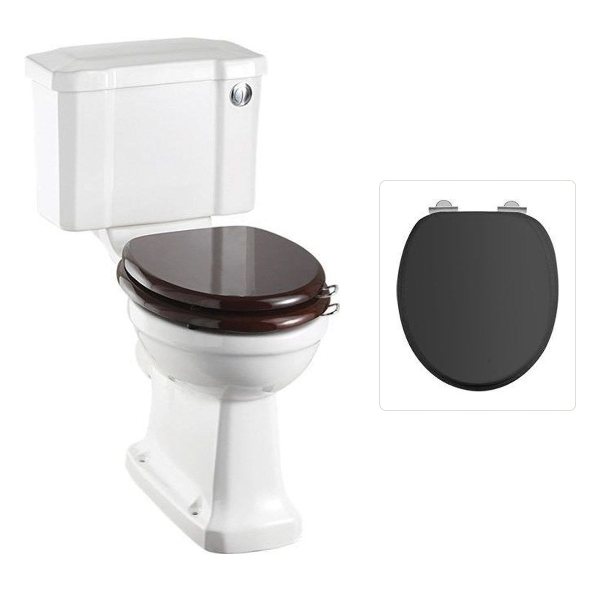 Toalettstol Burlington standard smal cistern 44 cm med soft close-sits och spolknapp i krom, sits matt svart