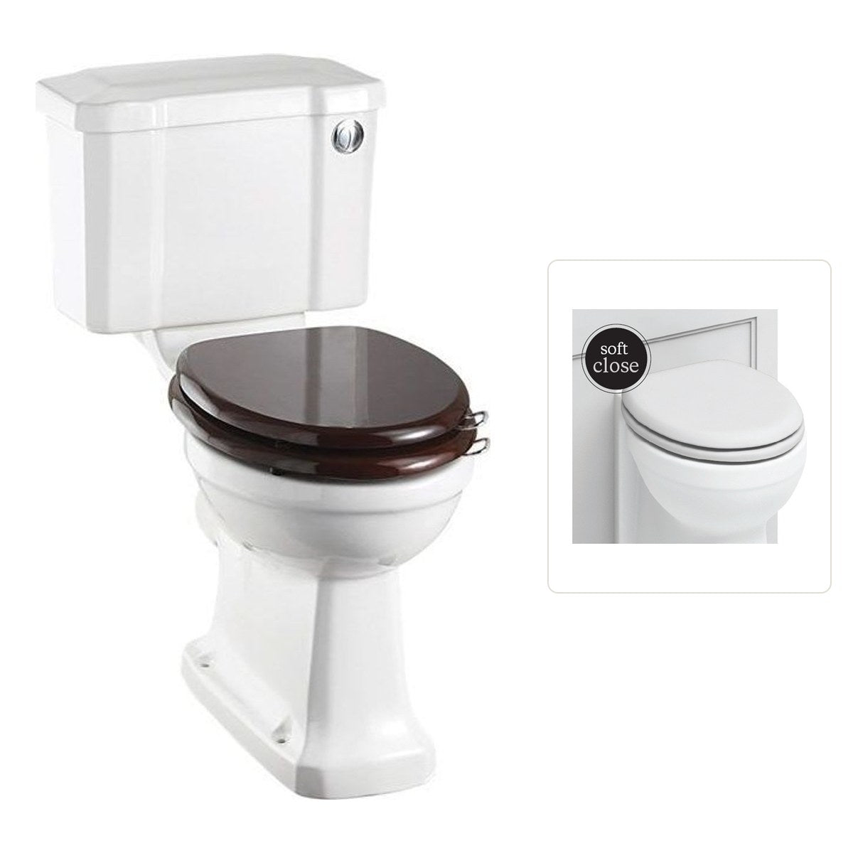 Toalettstol Burlington standard smal cistern 44 cm med soft close-sits och spolknapp i krom, sits matt vit
