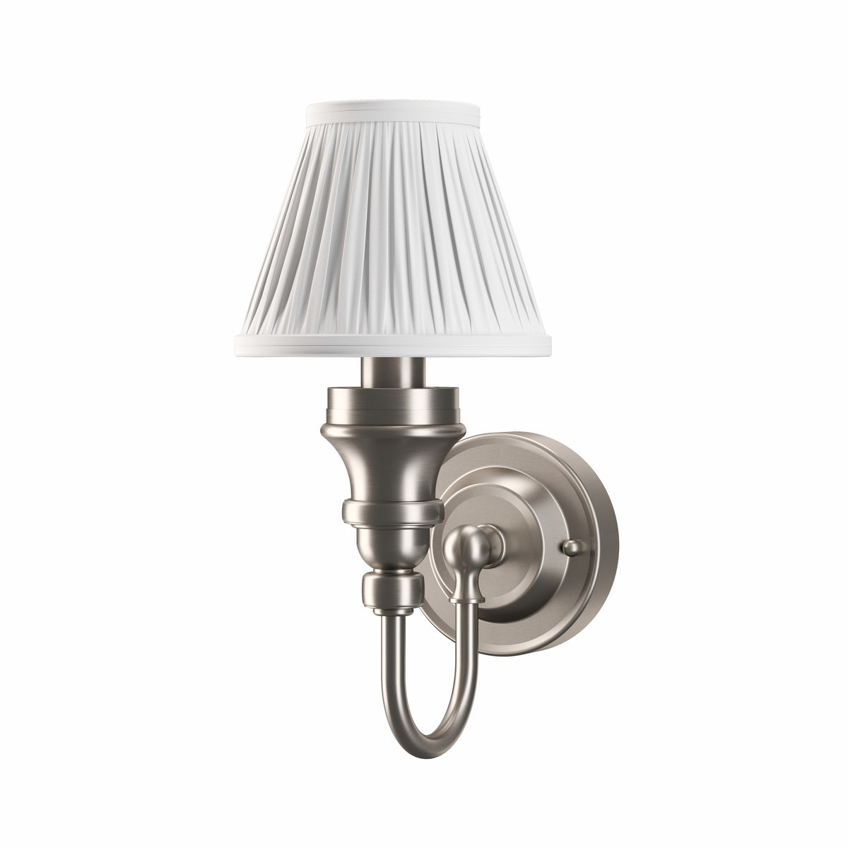 Vägglampa Burlington med vit finplisserad lampskärm och dekorativ bas Borstad nickel