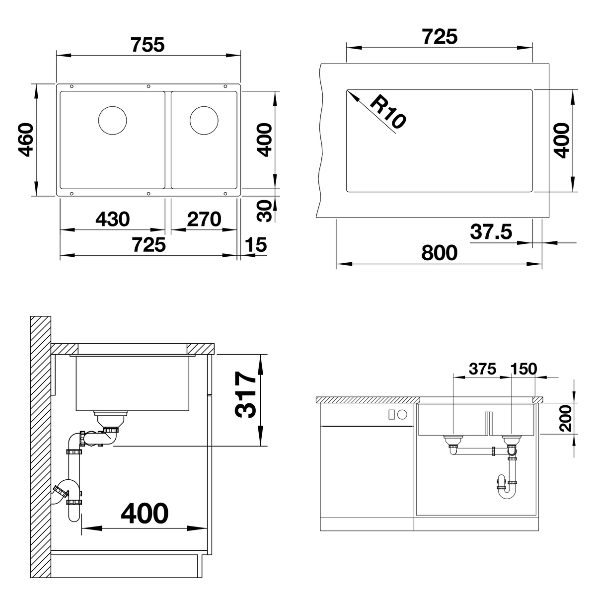 Måttritning Blanco Subline 430/270-U Silgranit