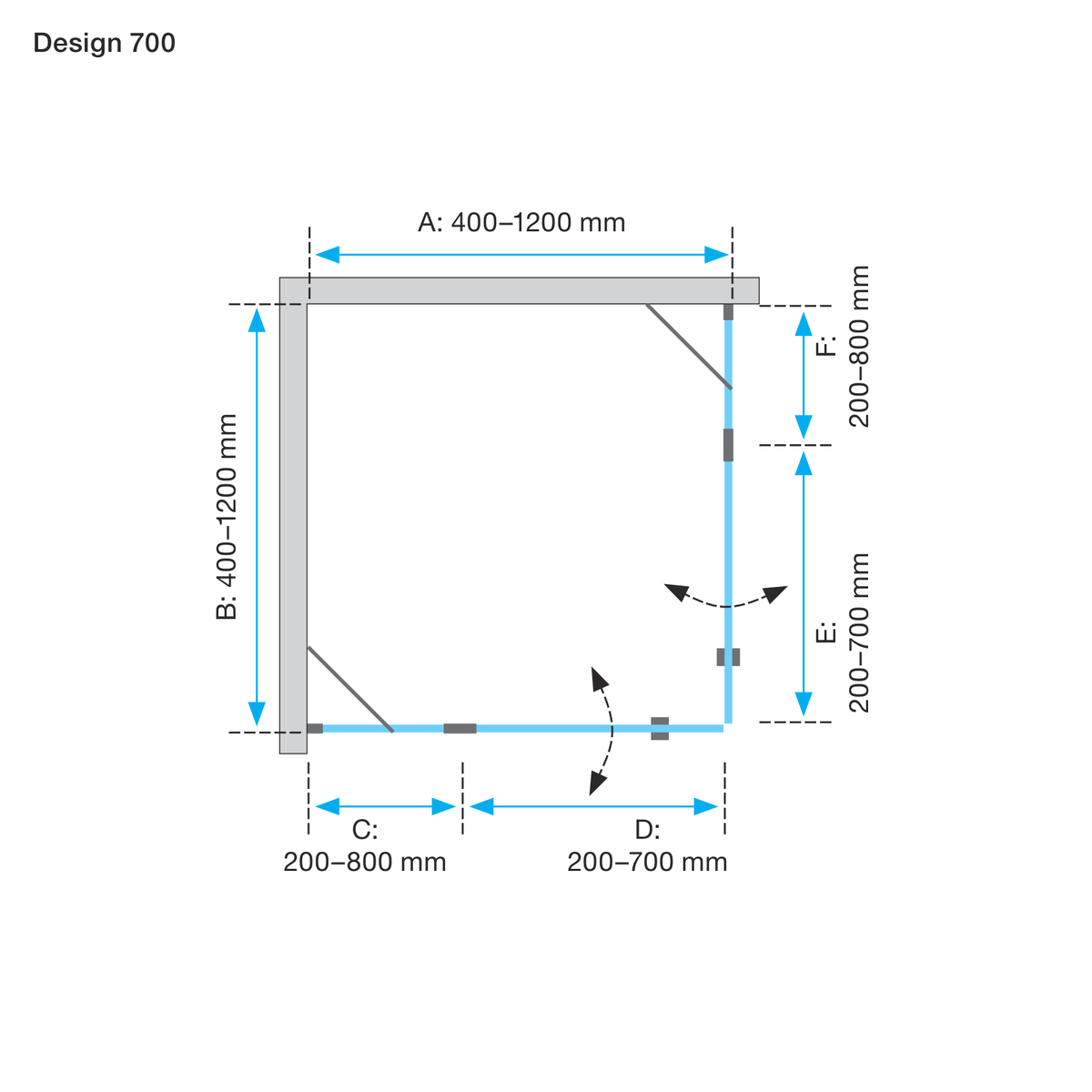 Måttskiss Duschhörna Duschbyggarna Design Modell 700 (teknisk ritning från Duschbyggarna)