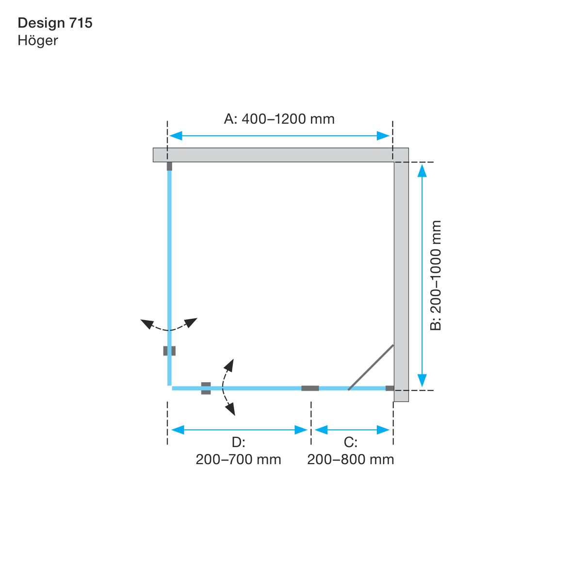 Måttskiss Duschhörna Duschbyggarna Design Modell 715 (teknisk ritning från Duschbyggarna)