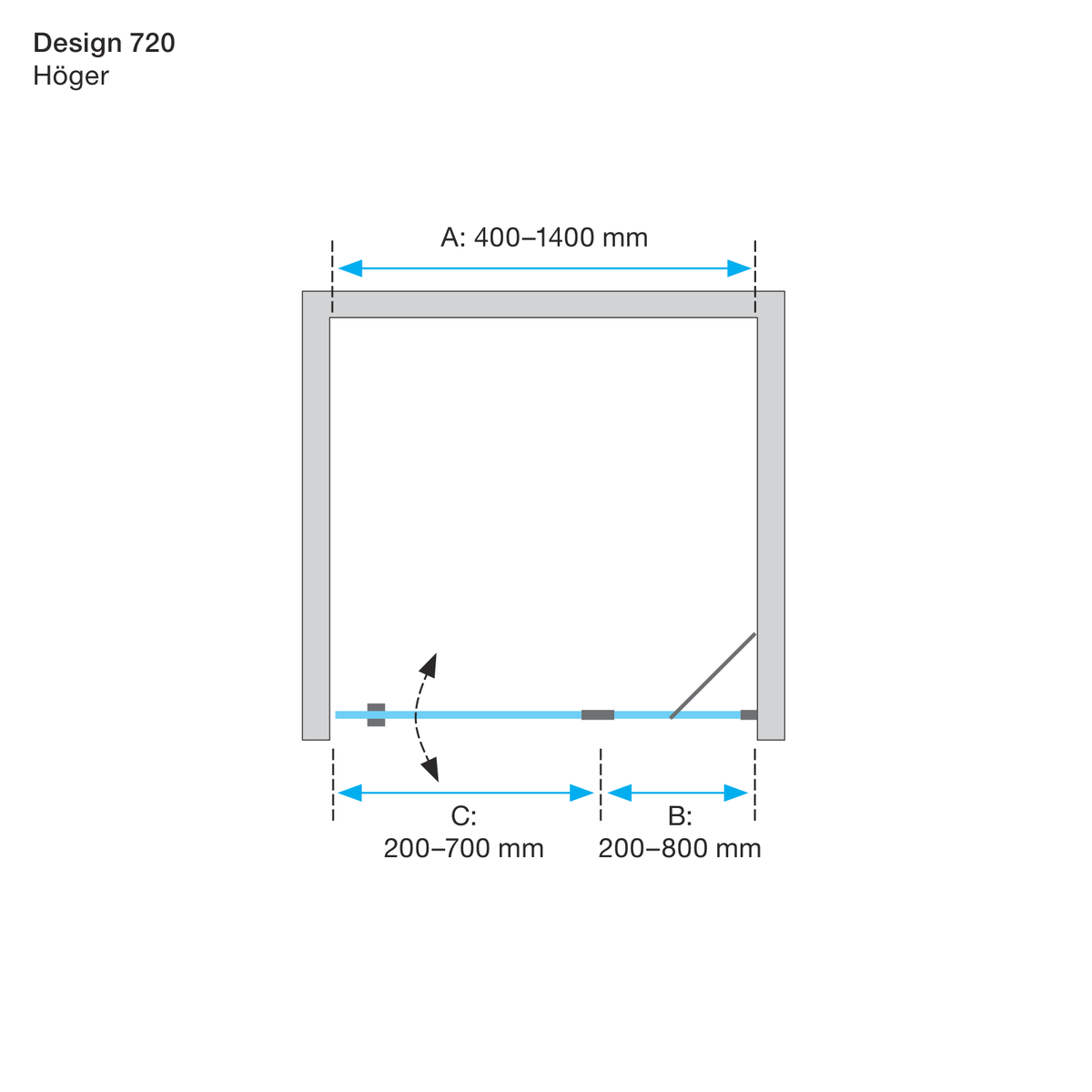 Måttskiss Duschvägg Duschbyggarna Design Modell 720 (teknisk ritning från Duschbyggarna)