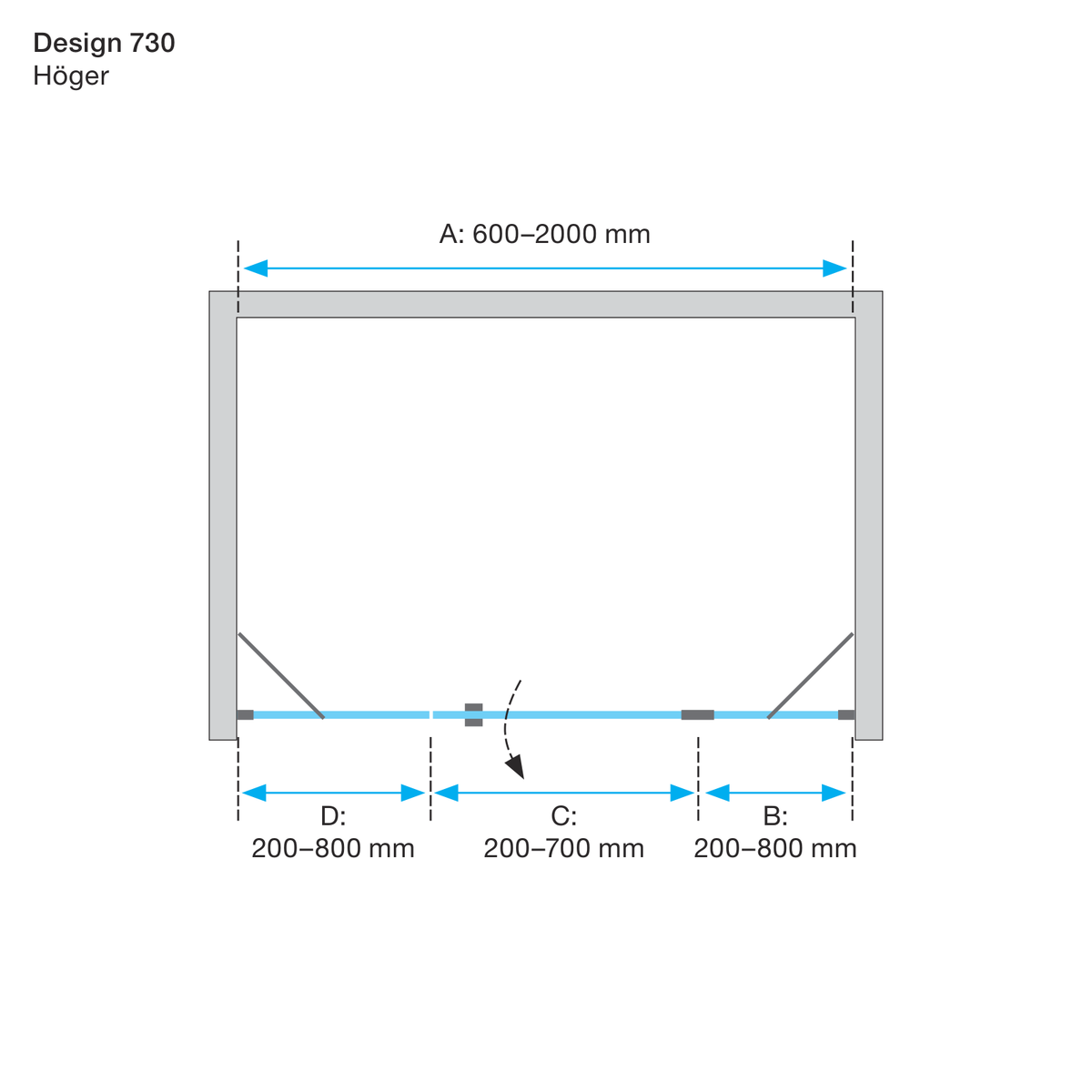 Måttskiss Duschvägg Duschbyggarna Design Modell 730 (teknisk ritning från Duschbyggarna)