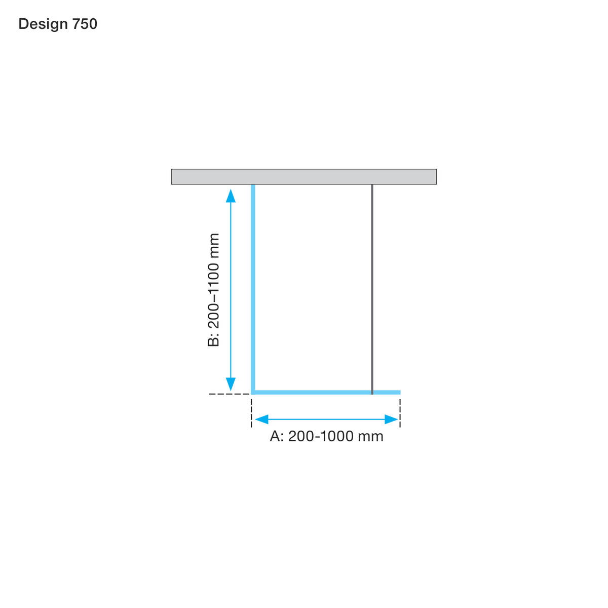 Måttskiss Duschvägg Duschbyggarna Design Modell 750 (teknisk ritning från Duschbyggarna)