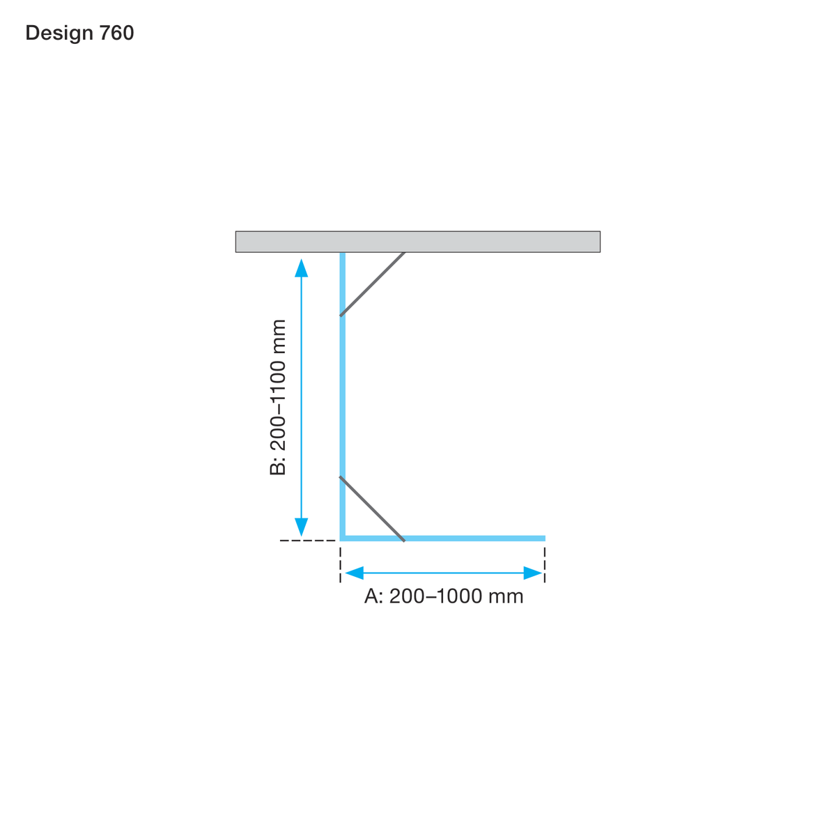 Måttskiss Duschvägg Duschbyggarna Design Modell 760 (teknisk ritning från Duschbyggarna)