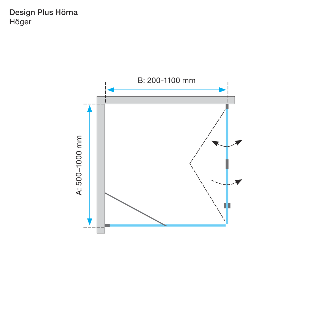 Måttskiss Duschhörna Duschbyggarna Design Plus Hörna (teknisk ritning från Duschbyggarna)