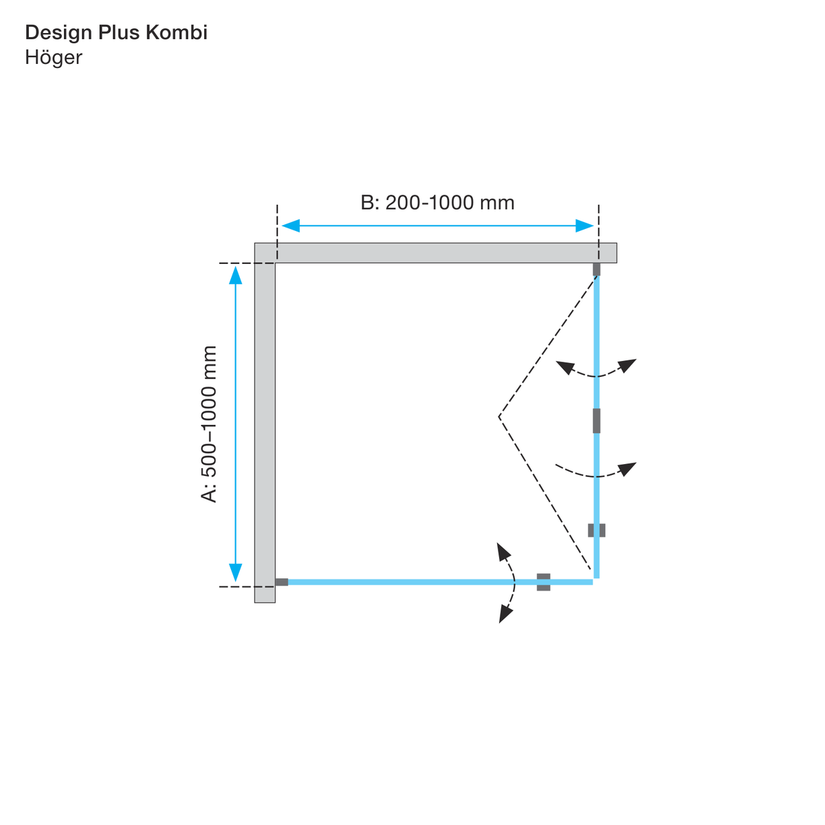 Måttskiss Duschhörna Duschbyggarna Design Plus Kombi (teknisk ritning från Duschbyggarna)