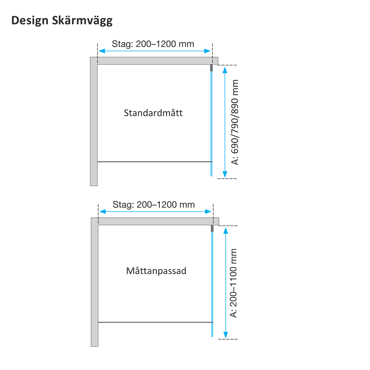 Måttskiss Duschvägg Duschbyggarna Design Skärmvägg (storleksguide från Duschbyggarna)