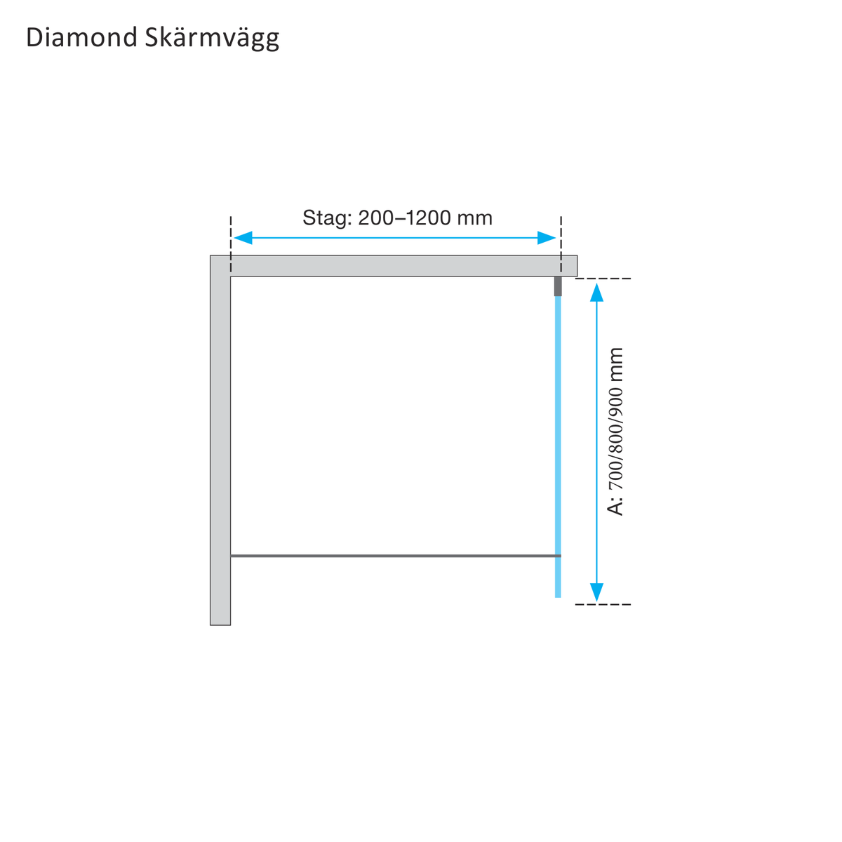 Måttskiss Skärmvägg Duschbyggarna Diamond (teknisk ritning från Duschbyggarna)