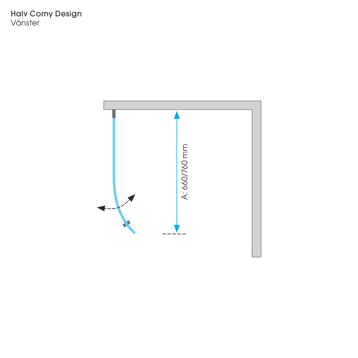 Måttskiss Duschdörr Duschbyggarna Halv Corny Design (storleksguide från Duschbyggarna)