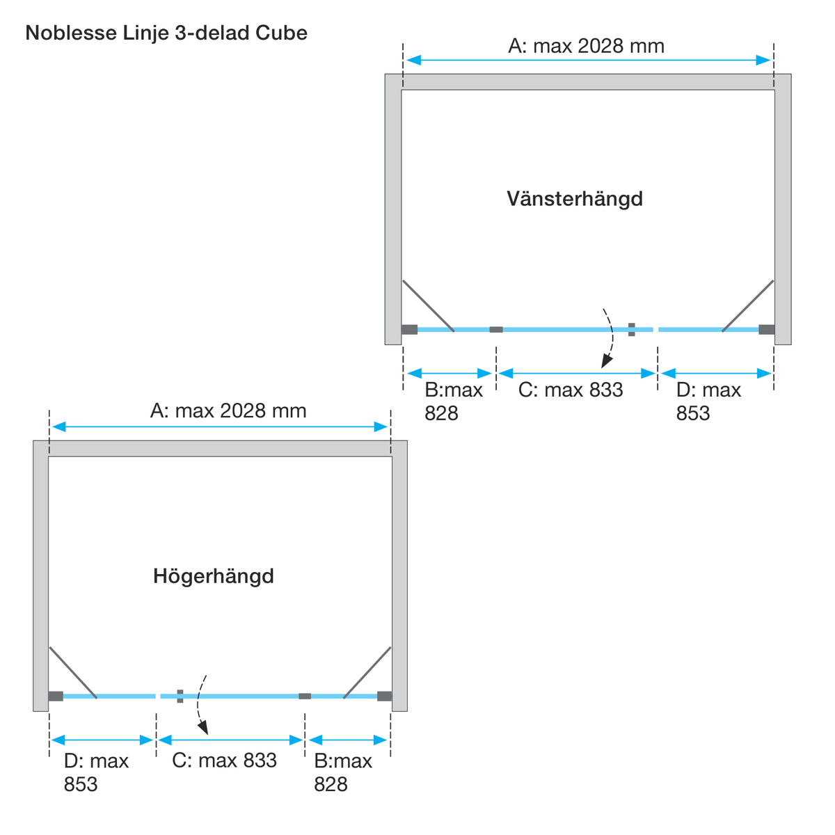 Måttskiss Duschvägg Duschbyggarna Industrial Decor Noblesse Linje 3-delad Cube (teknisk ritning från Duschbyggarna)