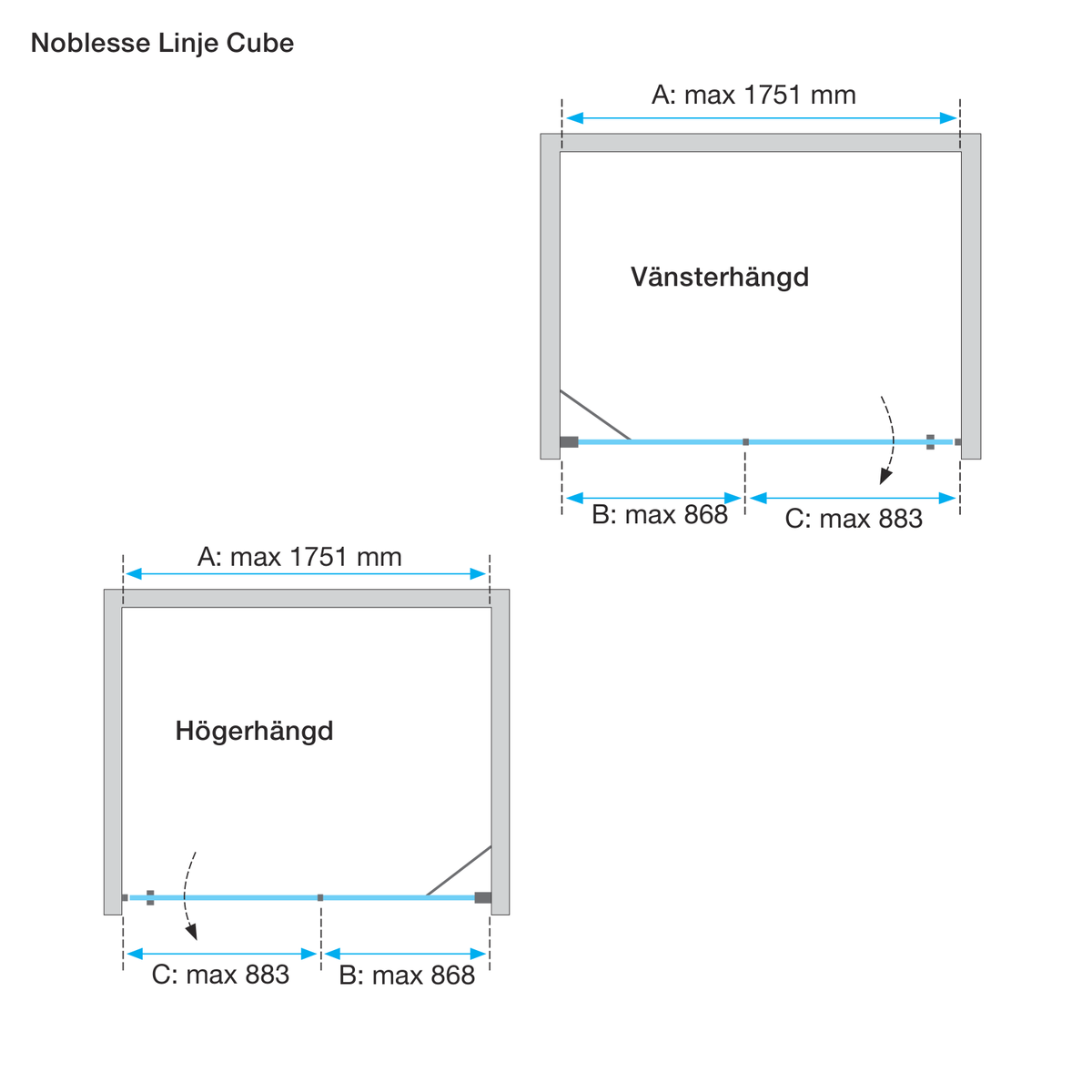 Måttskiss Duschvägg Duschbyggarna Industrial Decor Noblesse Linje Cube (teknisk ritning från Duschbyggarna)