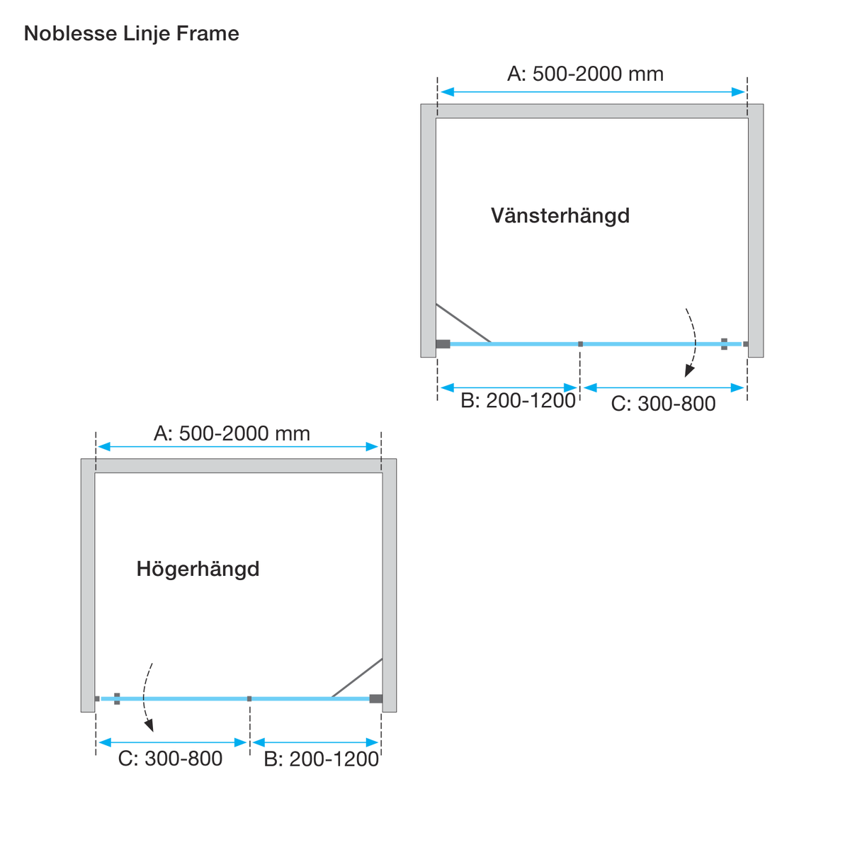 Måttskiss Duschvägg Duschbyggarna Industrial Decor Noblesse Linje Frame (teknisk ritning från Duschbyggarna)