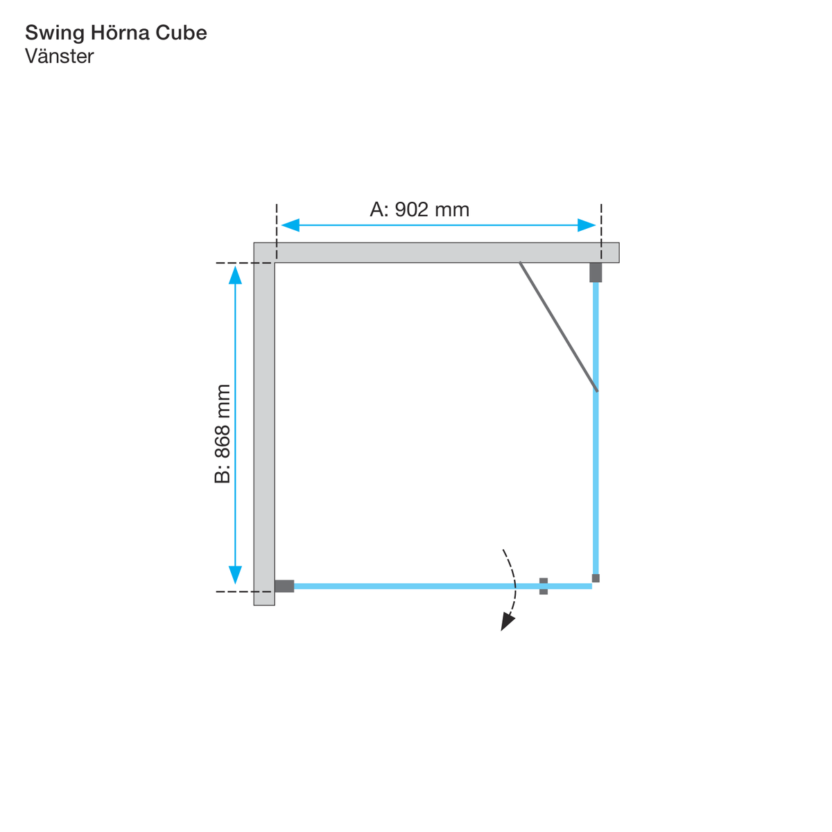 Måttskiss Duschhörna Duschbyggarna Industrial Decor Swing Hörna Cube (teknisk ritning från Duschbyggarna)