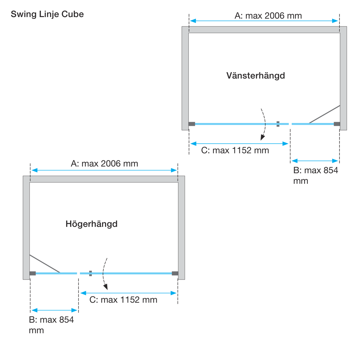 Måttskiss Duschvägg Duschbyggarna Industrial Decor Swing Linje Cube (teknisk ritning från Duschbyggarna)