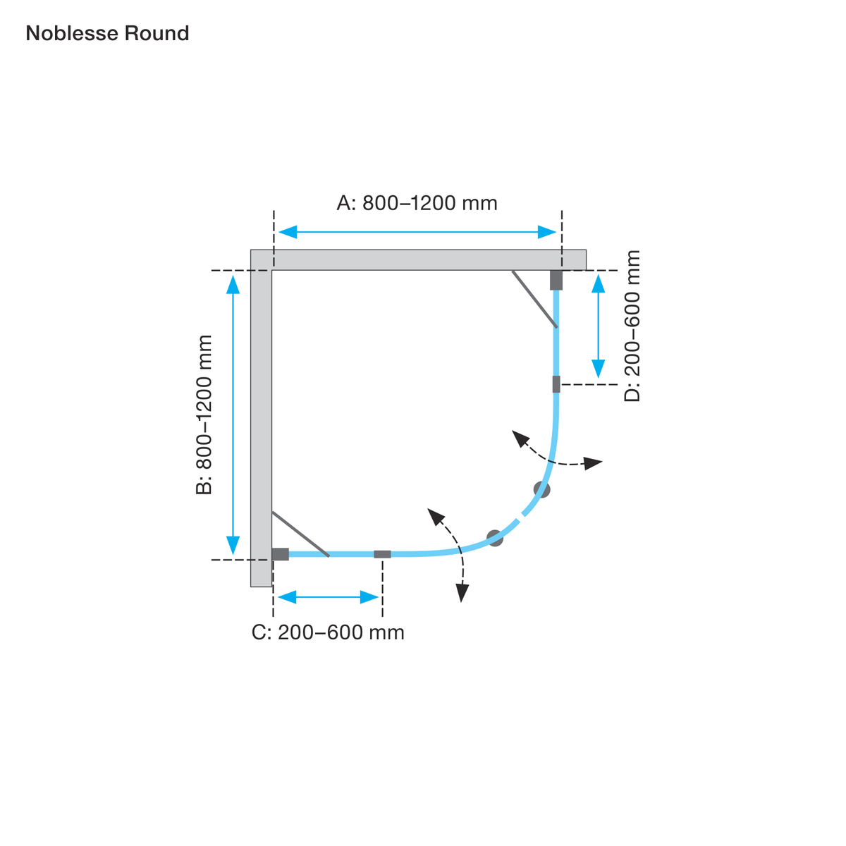 Måttskiss Duschhörna Duschbyggarna Noblesse Round (teknisk ritning från Duschbyggarna)