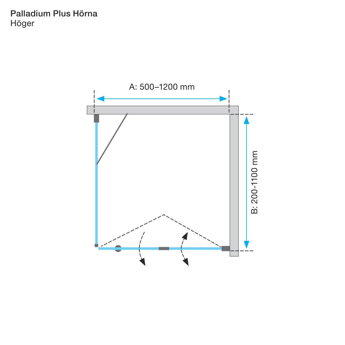 Måttskiss Duschhörna Duschbyggarna Palladium Plus Hörna (teknisk ritning från Duschbyggarna)