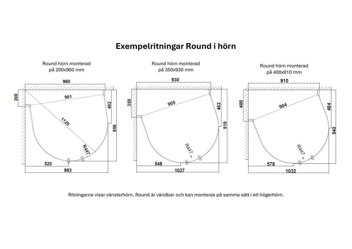 Måttskiss Duschvägg Duschbyggarna Round Hörn (teknisk ritning från Duschbyggarna)