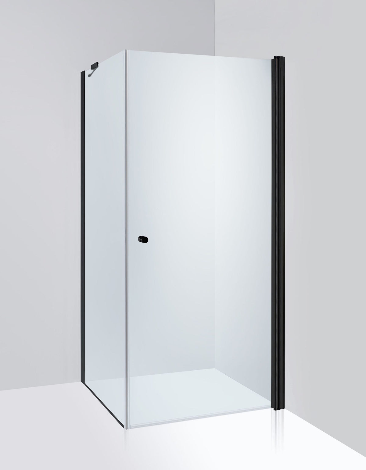 Duschhörna Duschbyggarna Swing de Luxe Hörna, Dörr 900 mm, Fast parti 800 mm, högerhängd, Svart matt, Klarglas