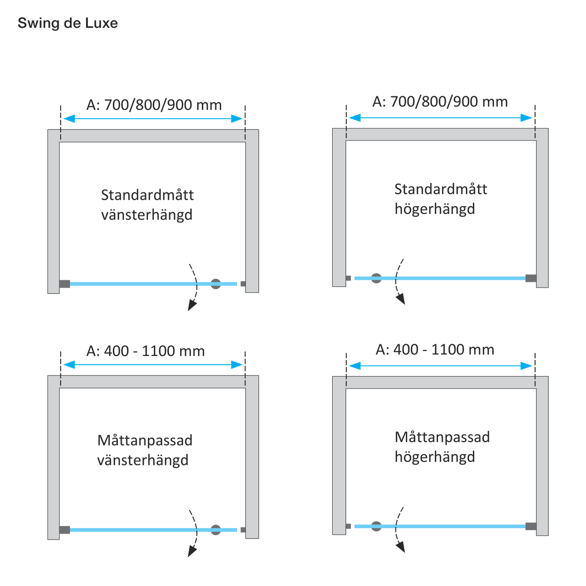 Måttskiss Duschdörr Duschbyggarna Swing de Luxe (storleksguide från Duschbyggarna)