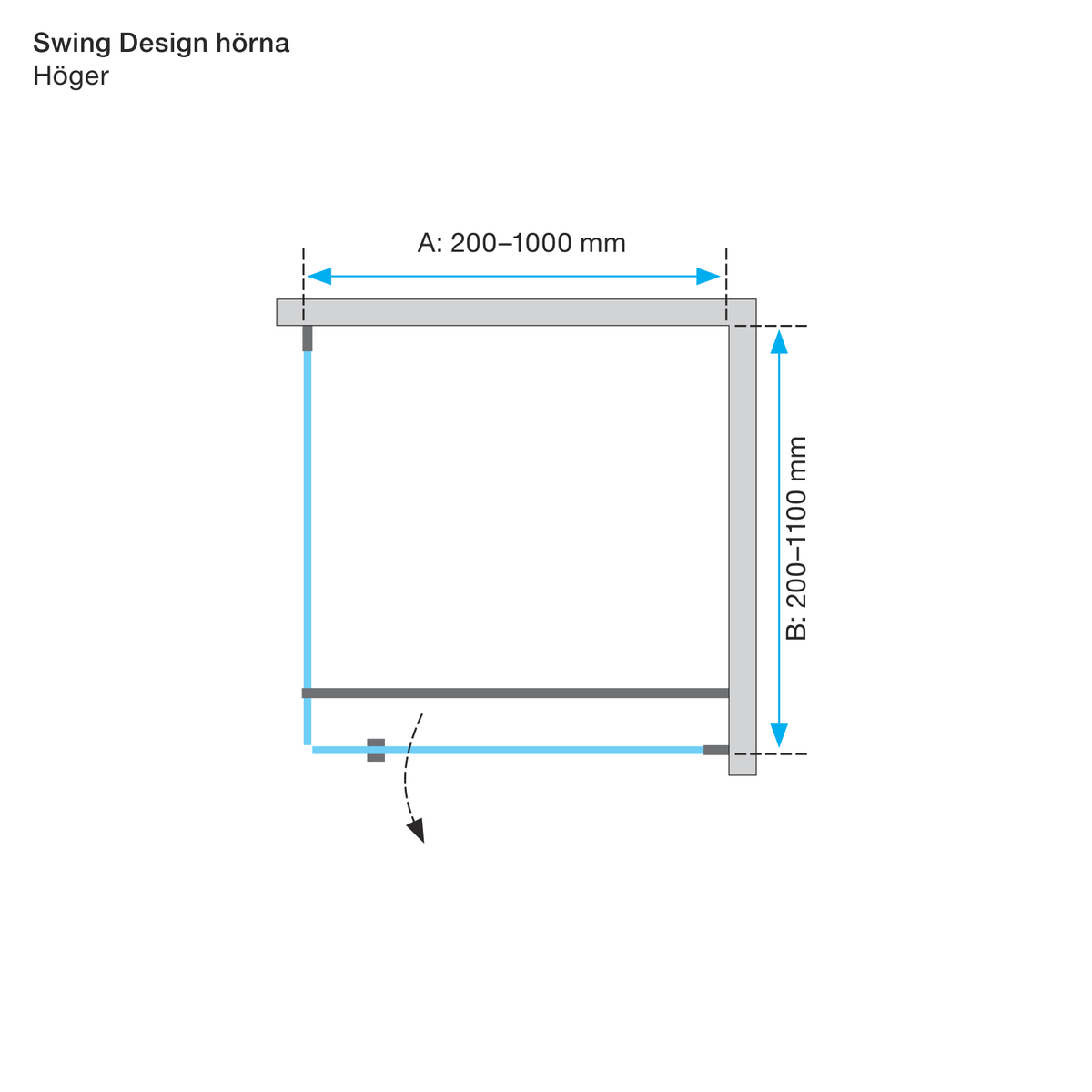 Måttskiss Duschhörna Duschbyggarna Swing Design Hörna (teknisk ritning från Duschbyggarna)