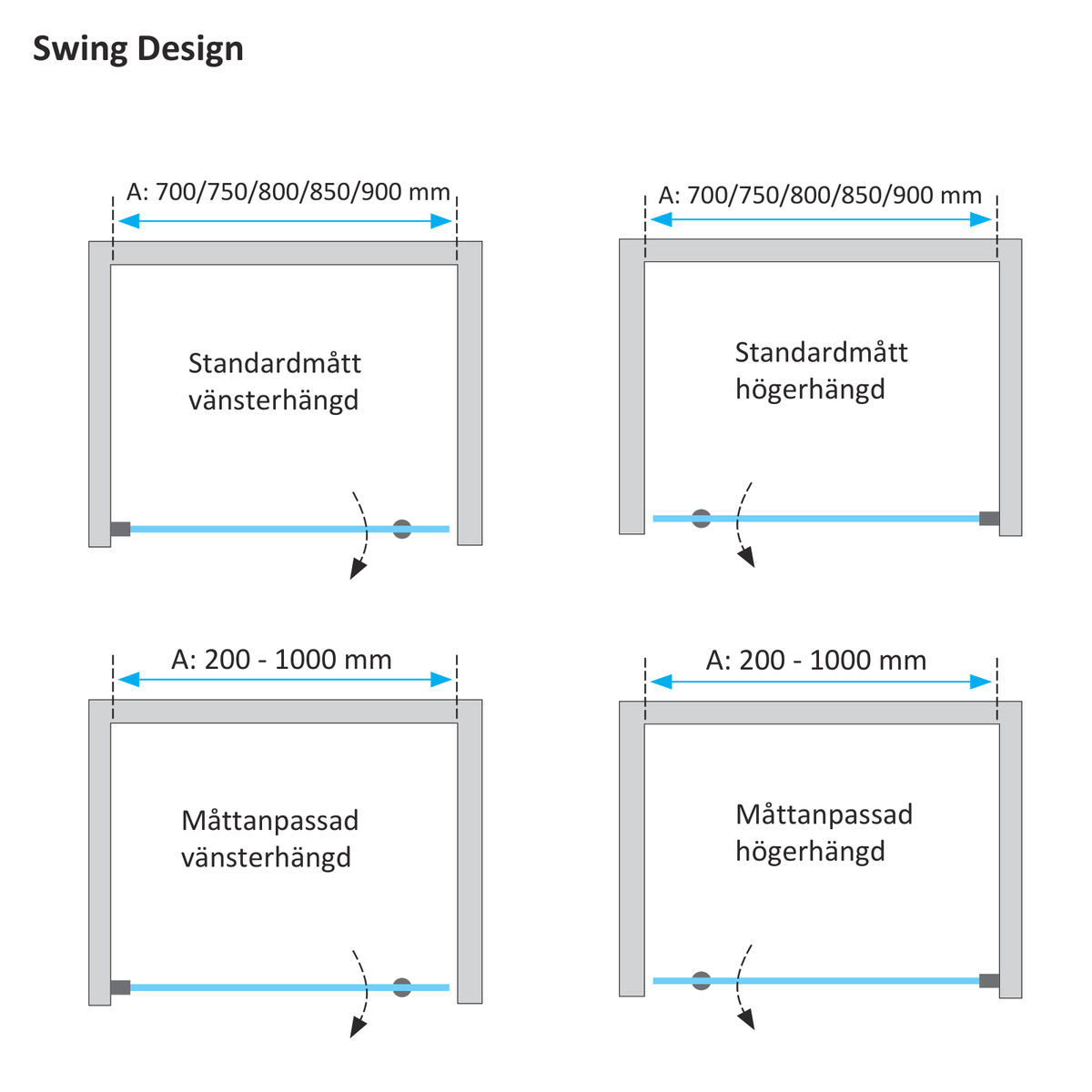 Måttskiss Duschdörr Duschbyggarna Swing Design (storleksguide från Duschbyggarna)