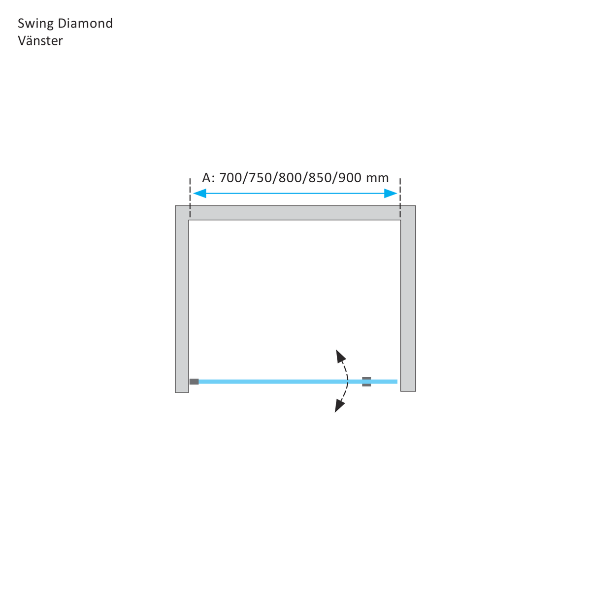 Måttskiss Duschdörr Duschbyggarna Swing Diamond Nisch (teknisk ritning från Duschbyggarna)