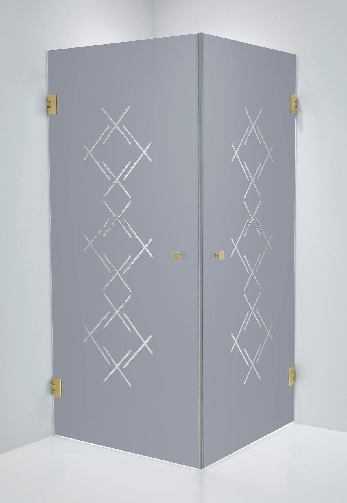 Duschhörna Duschbyggarna Twin Diamond, 800x800 mm, Obehandlad polerad mässing, Isglas Grått Diamond 6 mm