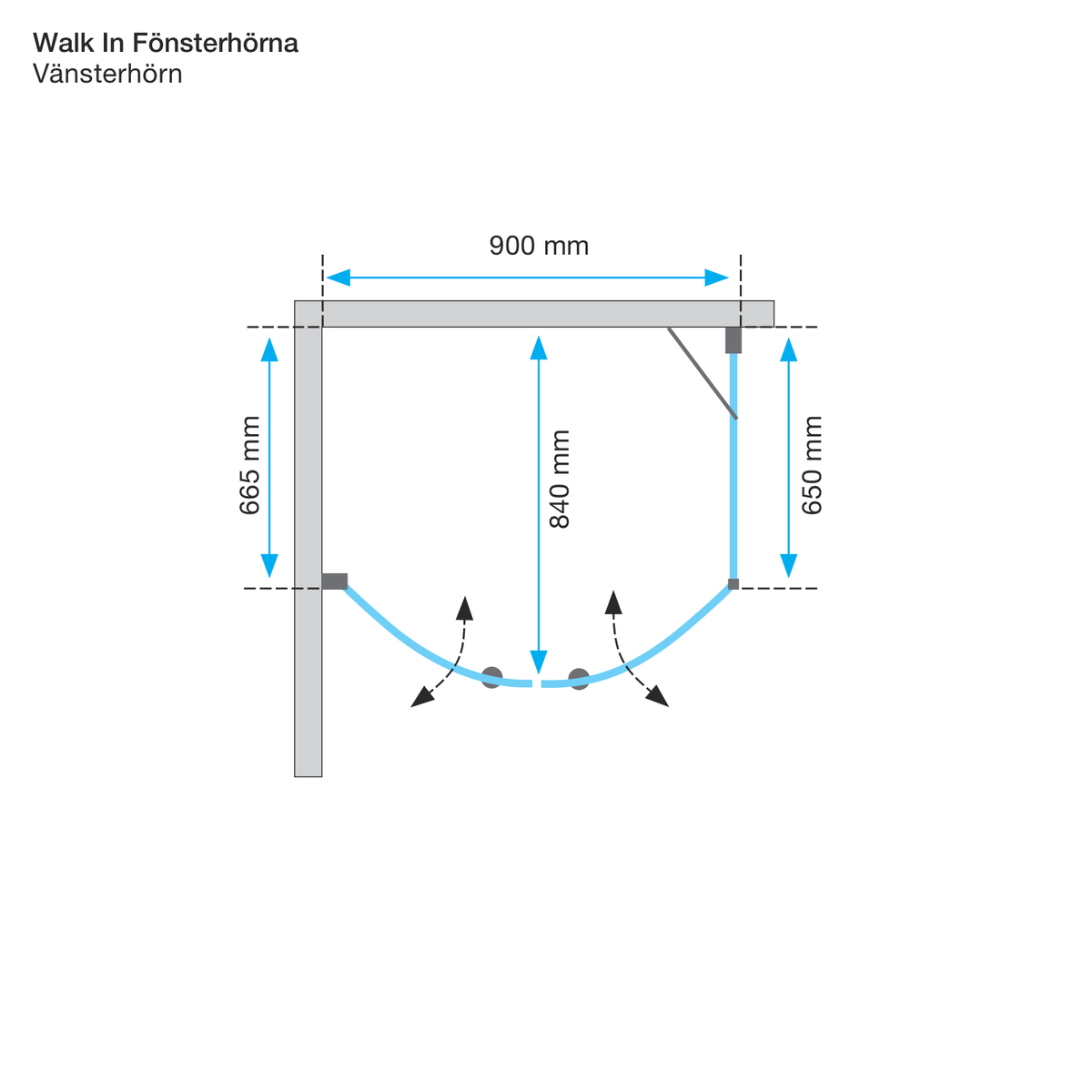 Måttskiss Duschhörna Duschbyggarna Walk In Fönsterhörna (teknisk ritning från Duschbyggarna)