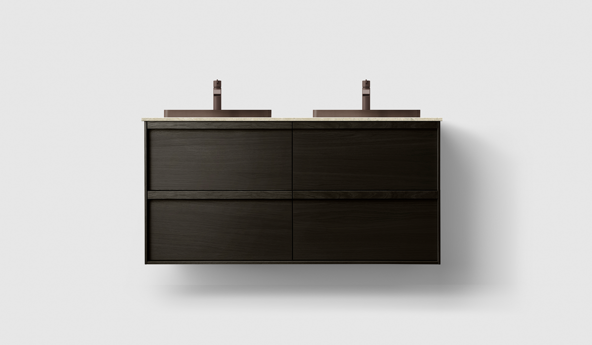 Haven H2 120 kommod med bänkskiva och dubbla seminedsänkt handfat, Dark Wood, framifrån