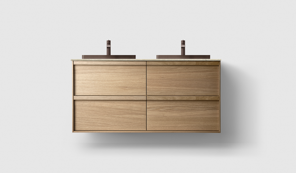 Haven H2 120 kommod med bänkskiva och dubbla seminedsänkt handfat, Oak Wood, framifrån