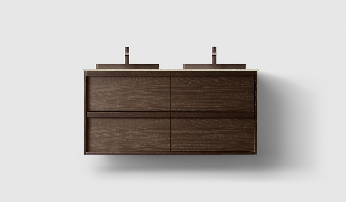 Haven H2 120 kommod med bänkskiva och dubbla seminedsänkt handfat, Smoked Oak Wood, framifrån