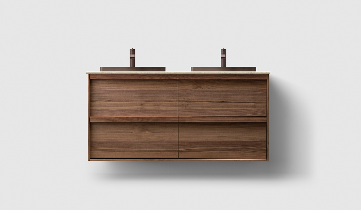 Haven H2 120 kommod med bänkskiva och dubbla seminedsänkt handfat, Walnut Wood, framifrån
