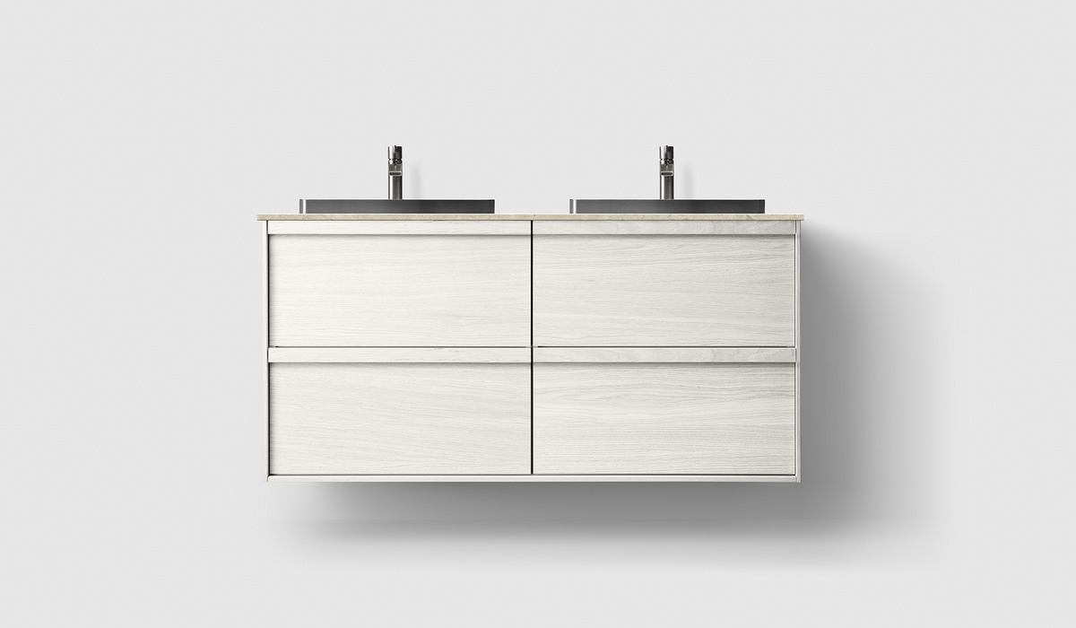 Haven H2 120 kommod med bänkskiva och dubbla seminedsänkt handfat, White Wood, framifrån