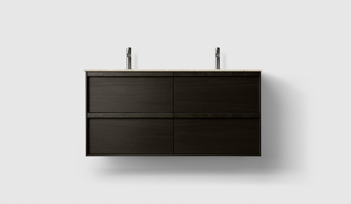 Haven H2 120 kommod med bänkskiva och dubbla underlimmat handfat, Dark Wood, framifrån