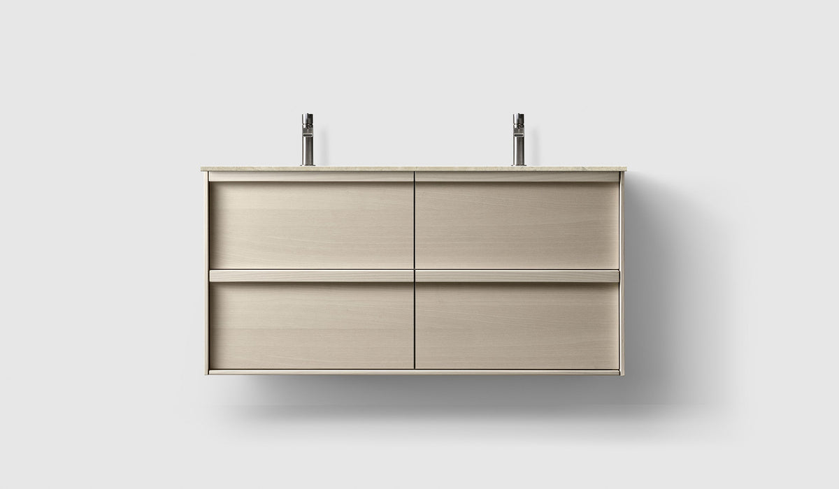 Haven H2 120 kommod med bänkskiva och dubbla underlimmat handfat, Light Ash Wood, framifrån