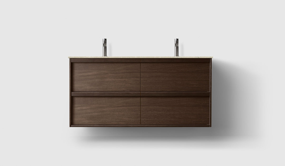 Haven H2 120 kommod med bänkskiva och dubbla underlimmat handfat, Smoked Oak Wood, framifrån