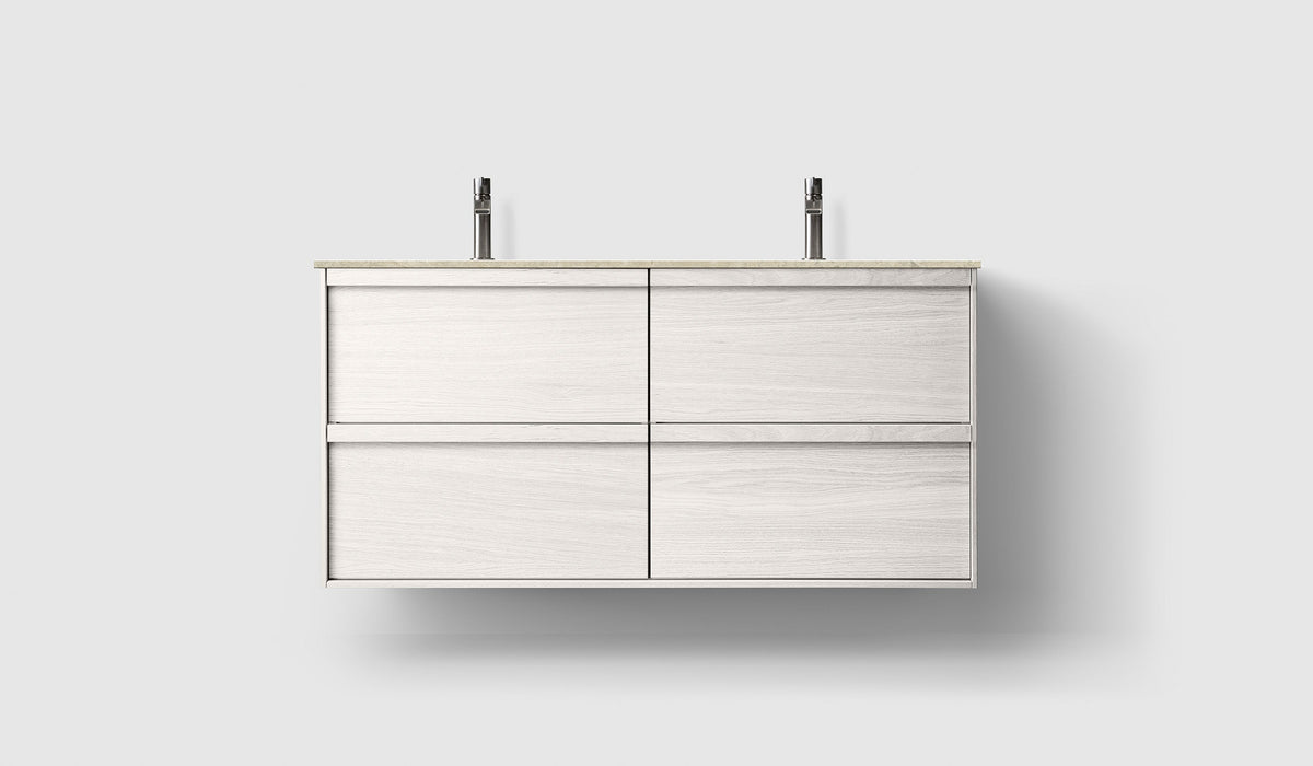 Haven H2 120 kommod med bänkskiva och dubbla underlimmat handfat, White Wood, framifrån