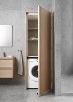 Haven H2 C74 Pocket Tvättstugeskåp i Oak Wood med öppen dörr och tvättmaskin