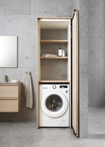 Haven H2 C74 Pocket Tvättstugeskåp i Oak Wood med öppen dörr och tvättmaskin