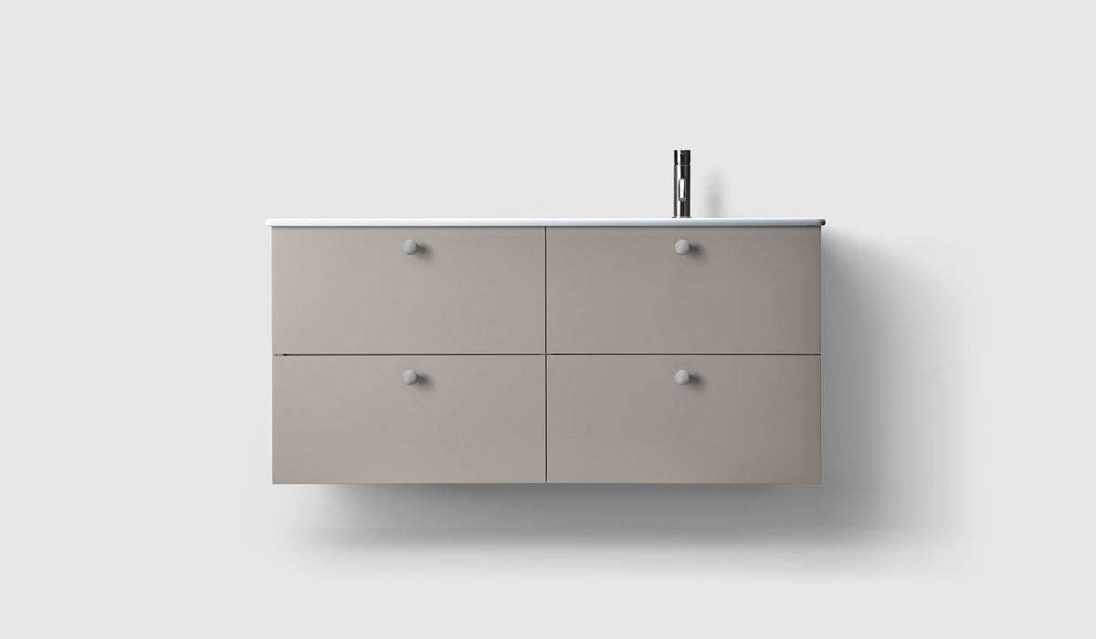 Haven H3 120 kommod med porslinstvättställ i Warm Grey, enkelt tvättställ till höger, med knopp A2.01 i krom