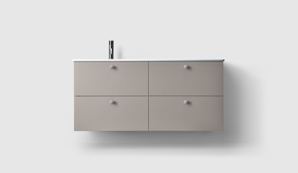 Haven H3 120 kommod med porslinstvättställ i Warm Grey, enkelt tvättställ till vänster, med knopp A2.01 i krom