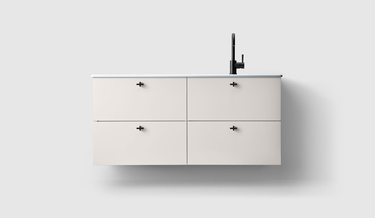 Haven H3 120 kommod med porslinstvättställ i White, enkelt tvättställ till höger, med knopp A2.02 i matt svart