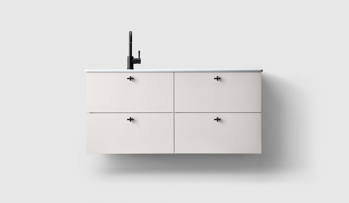 Haven H3 120 kommod med porslinstvättställ i White, enkelt tvättställ till vänster, med knopp A2.02 i matt svart