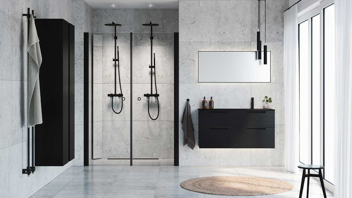 Macro Design Spirit dubbeldusch med svarta profiler och svart kommod