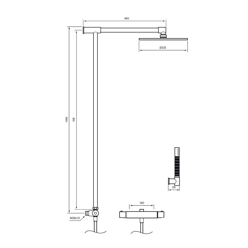 Måttritning – Takdusch Tapwell TVM300-160 Brushed nickel