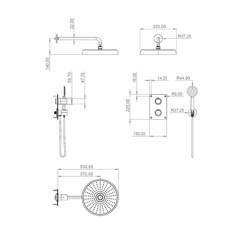 Måttritning – Takduschset Tapwell ARM7268 Brushed nickel Edition 2 för Inbyggnad