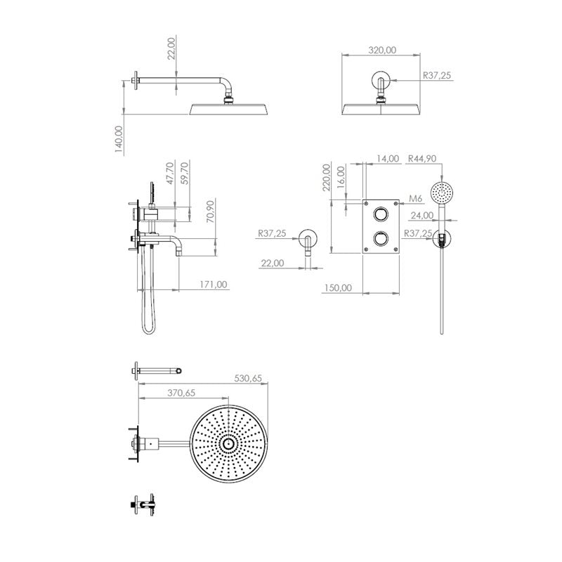 Måttritning – Takduschset Tapwell ARM7368 Brushed nickel Edition 2 för Inbyggnad